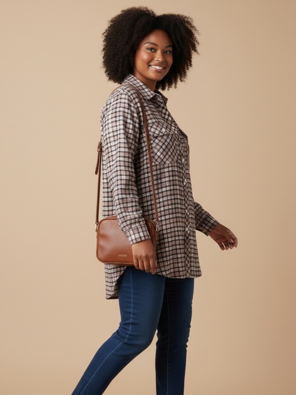 POL Taupe Plaid Button-Down Shirt